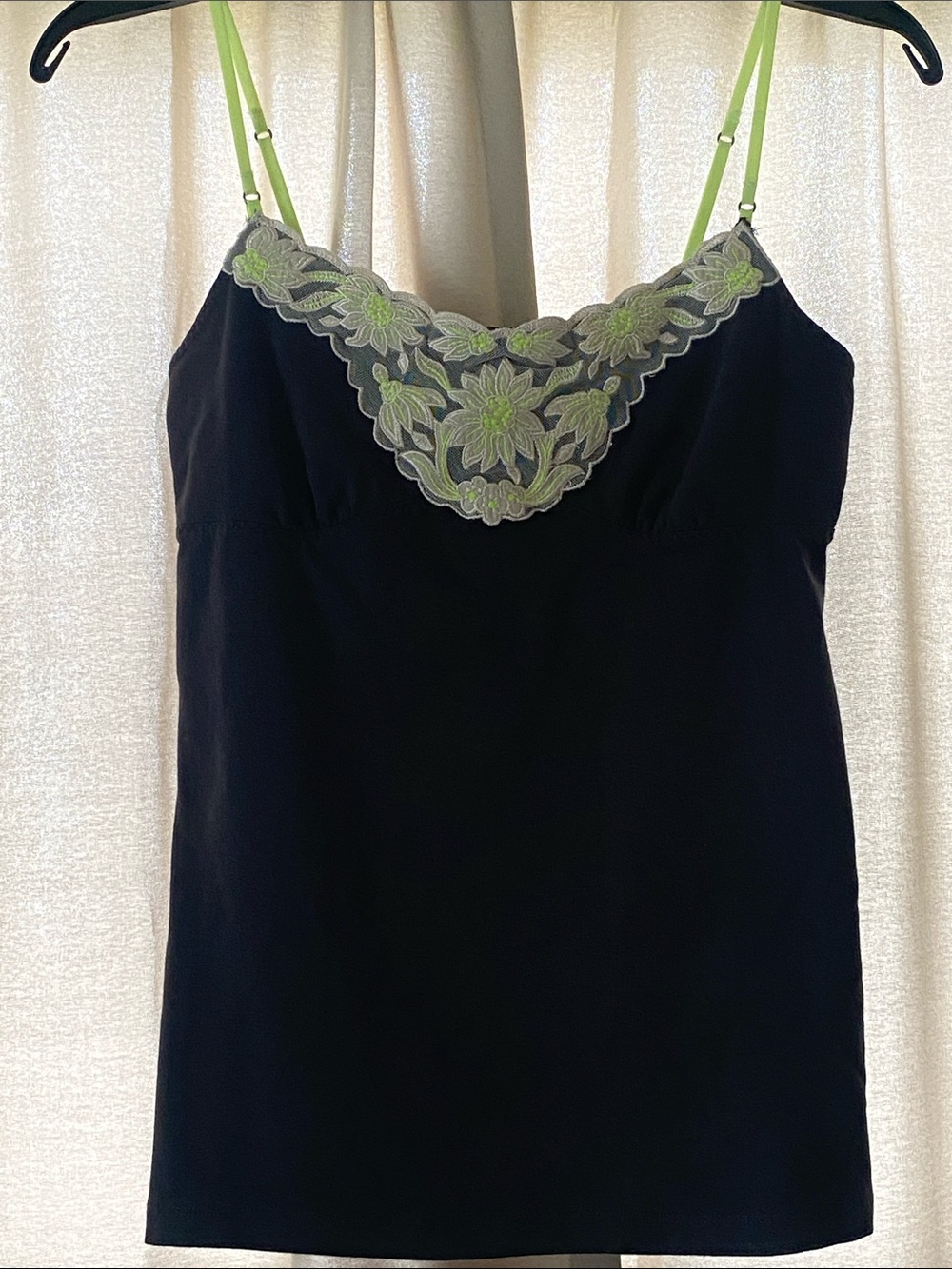 American Eagle Dark gray Camisole Top with neon Green and cream Lace Trim